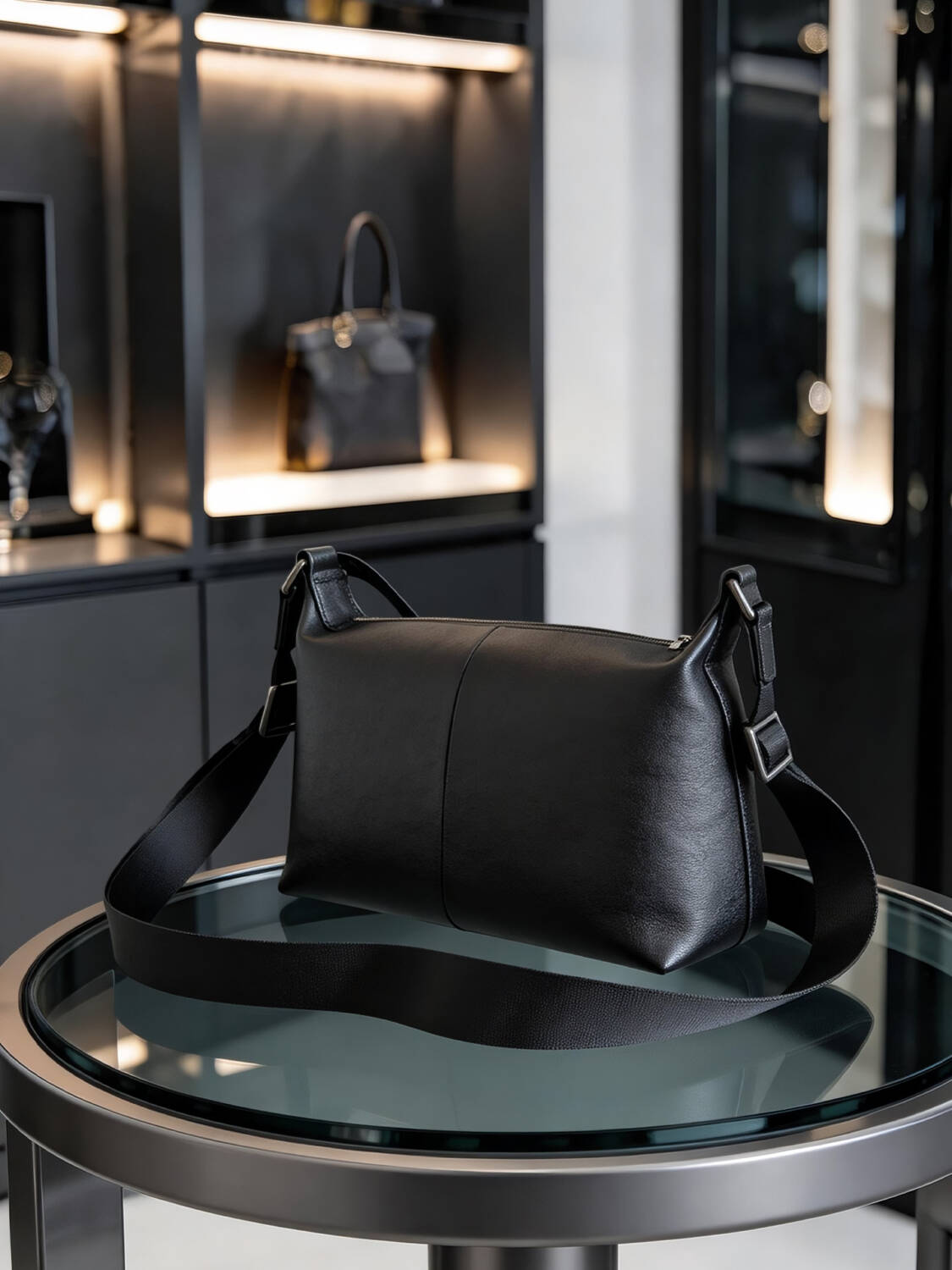 Center Seam Soft Leather Crossbody Bag Matte Black Adjustable Wide Strap Unisex Daily Commute Bag - Image 5