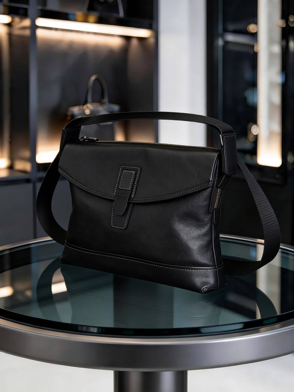 Minimal Single Leather Buckle Flap Crossbody Matte Soft Leather Wide Adjustable Strap Unisex Business Bag - Image 5