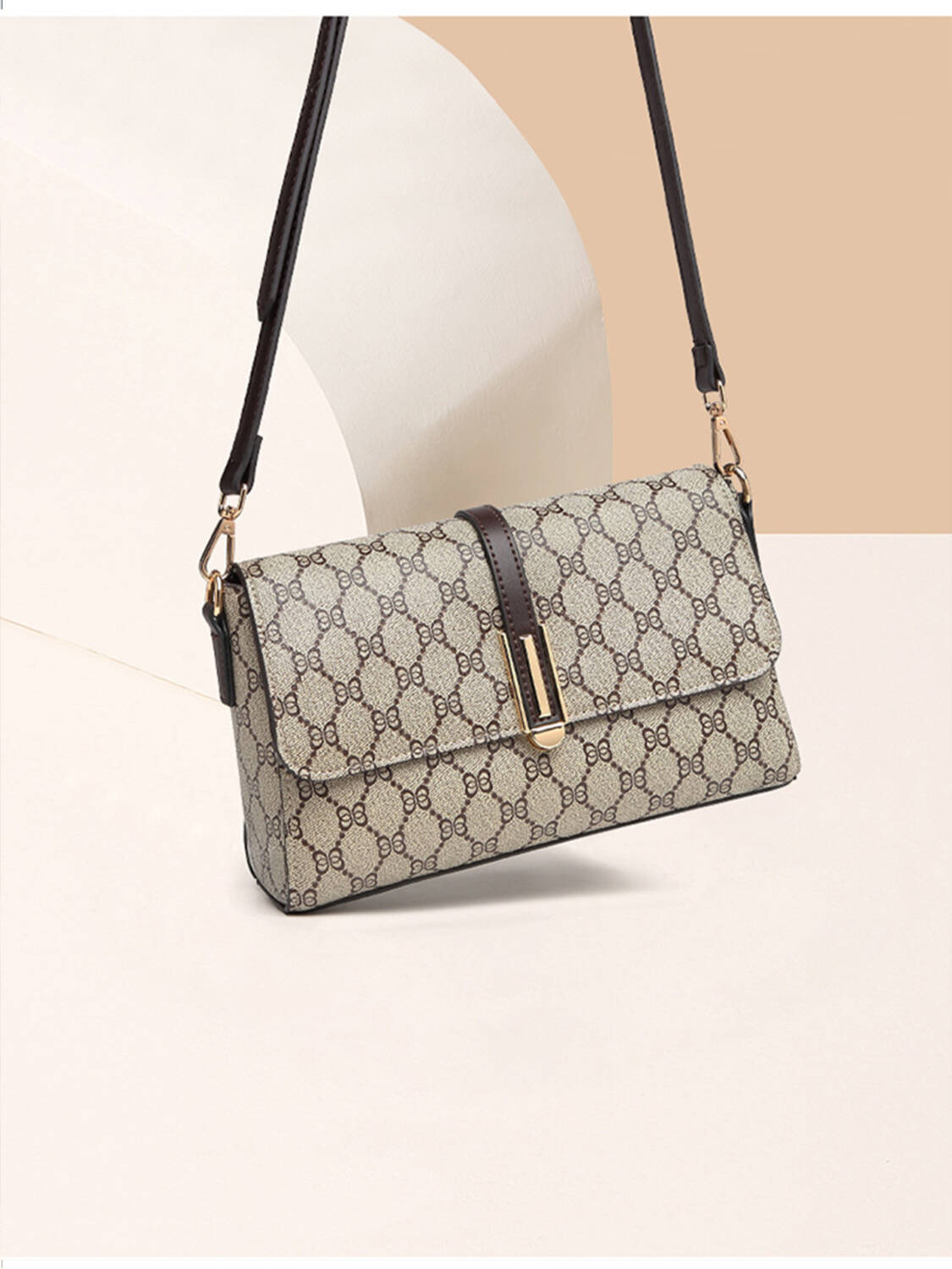 Simple Rhombus Print Rectangular Bag, Brown Trim Versatile Crossbody Purse For Women - Image 5