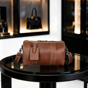 Vintage Brown Cylinder Leather Crossbody Bag Stitched Design Adjustable Thin Strap Daily Shoulder Bag - Image 3