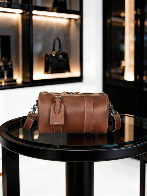 Vintage Brown Cylinder Leather Crossbody Bag Stitched Design Adjustable Thin Strap Daily Shoulder Bag
