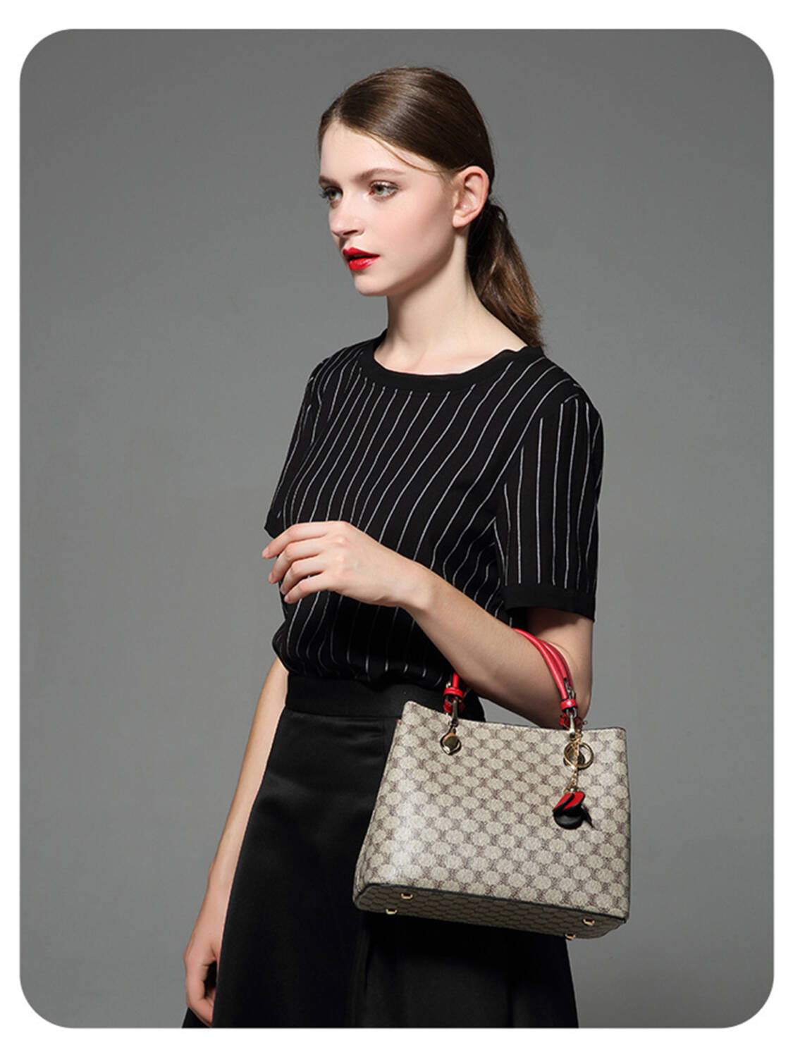 Vintage Printed Tote Bag, Burgundy Trim Dual-use Shoulder Crossbody Purse for Women - Image 2