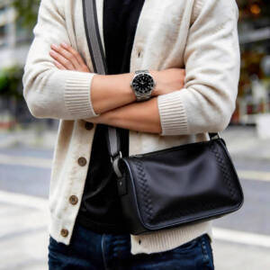 Hand Woven Edge Cylinder Soft Leather Crossbody Color-block Adjustable Wide Strap Unisex Daily Bag