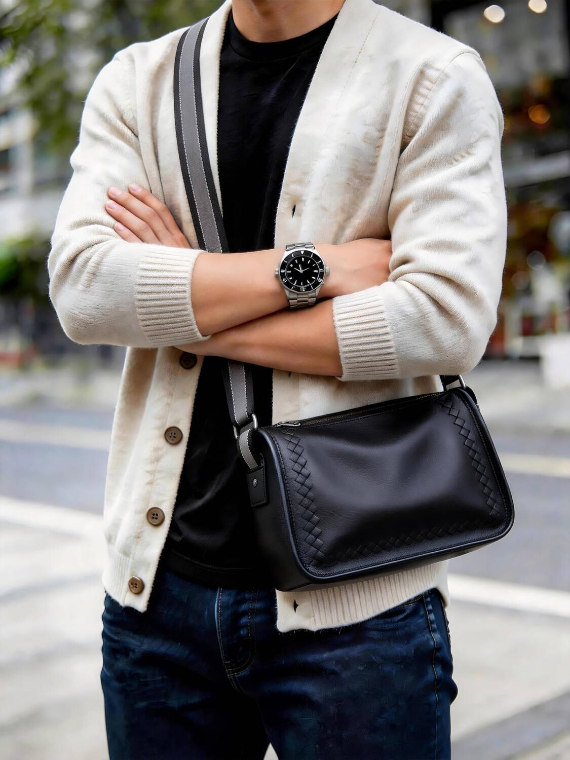 Hand Woven Edge Cylinder Soft Leather Crossbody Color-block Adjustable Wide Strap Unisex Daily Bag - Image 1