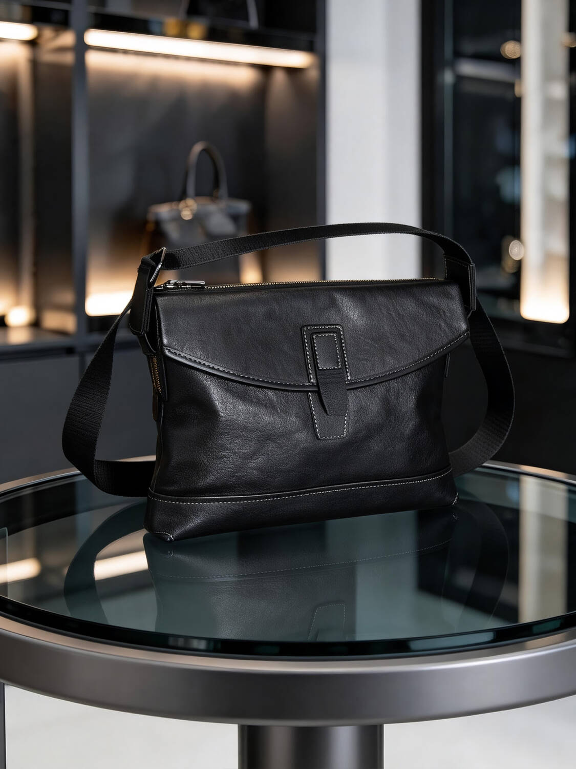 Minimal Single Leather Buckle Flap Crossbody Matte Soft Leather Wide Adjustable Strap Unisex Business Bag - Image 4