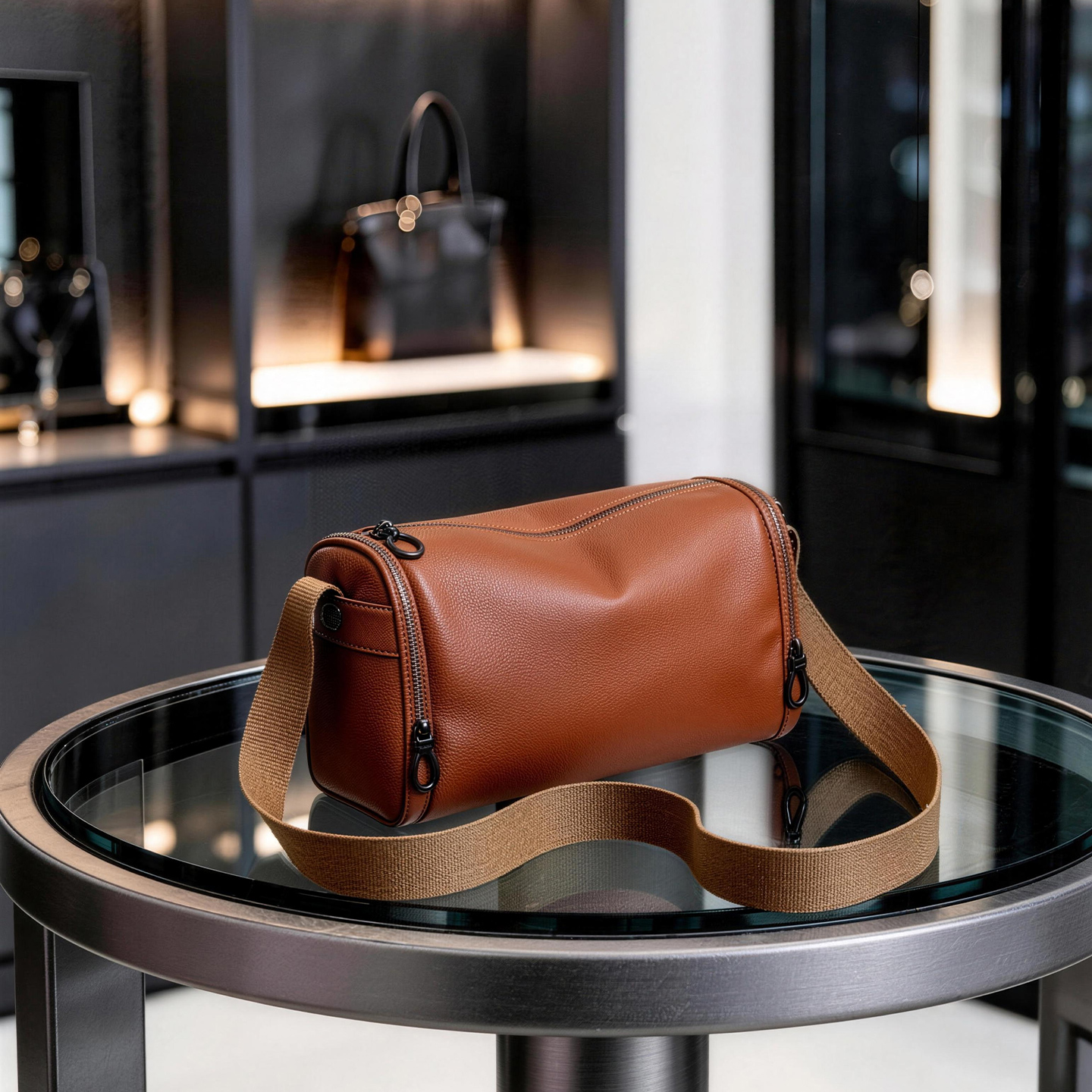 Grain Leather Cylinder Crossbody Bag Adjustable Strap Unisex Light Commute Shoulder Bag - Image 5