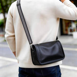 Hand Woven Edge Cylinder Soft Leather Crossbody Color-block Adjustable Wide Strap Unisex Daily Bag - Image 2