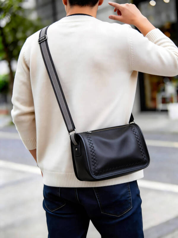Hand Woven Edge Cylinder Soft Leather Crossbody Color-block Adjustable Wide Strap Unisex Daily Bag