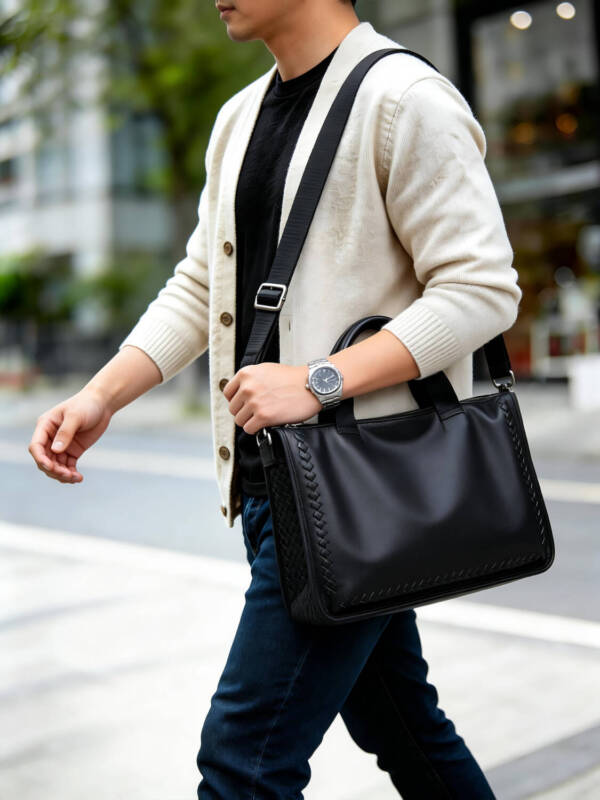 Hand Woven Side Tote Bag Grain Soft Leather Handbag With Strap Hook Large Commute Bag